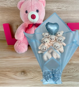 Premium 35 cm Peluş Ayı Premium Kalp Balonlu Romantik Mavi Peluş Ayıcık Buketi (Pembe)