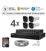 4 KAMERALI ULTRA HD 5MP IP POELİ-SESLİ-RENKLİ GECE GÖRÜŞLÜ-İNSAN ve PLAKA ALGILAMALI GÜVENLİK SETİ (Beyaz)