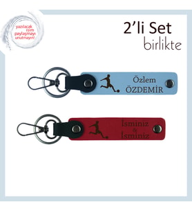 Futbol Aşkını Taşıyan Hediyelik Anahtarlık, İsme Yazılabilir 2’li Deri Takım, Gök Mavi-Kırmızı