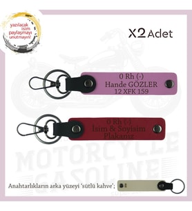 Motosiklet Aşıkları İçin İsim Plaka ve 0 Rh (-) Kan Grubu Yazılı x2 Anahtarlık Set, Kırmızı-Pembe-SK (Çok Renkli)