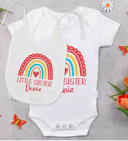 BK Kids Kişiye Özel Little Sister Tasarımlı Bebek Body Zıbın ve Mama Önlüğü Hediye Seti - Model 1