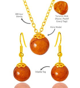 Sertifikalı Gold Küre Model Turuncu Akik Taşı Kolye ve Küpe Seti - Gümüş Aparatlı - Koyu Renk (Çok Renkli)