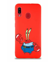 Samsung Galaxy A20 Soft Premier Kapak Bay Yengeç Tasarımlı Silikon Kılıf - Kırmızı (Şeffaf)