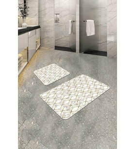 Beyaz Mermer Görünümlü Banyo Halısı Klozet Paspas Seti BS347