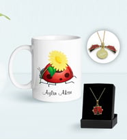 BK Gift Kişiye Özel Uğur Böceği Temalı Kupa ve Açılan Uğur Böceği Kolye Hediye Seti-3 (Model 1)