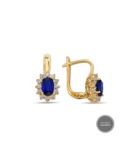 MYOROGOLD 14 Ayar Altın Oval Taşlı Lacivert Küpe