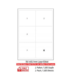 A1 Etiket Lazer Etiket tw-2006 500 A4 Sayfa Lazer Etiket 99.1 X 93.1 mm Boyutunda 1 A4 Sayfada 6 Etiket