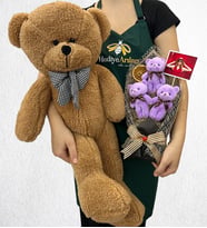 Kişiye Özel Fotoğraflı 3'lü Peluş Ayıcık Buketi ve Büyük Boy Kahverengi Peluş Ayıcık (Model 1)