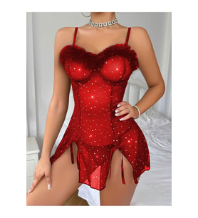 Cuplu Peluşlu Simli Kurdele Detaylı Mini Fantezi Kostüm String Takım