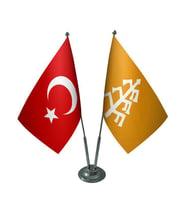 Masa Üstü Karahanlılar Bayrağı Türk Bayrağı İkili Krom Direk Masa Bayrak Seti