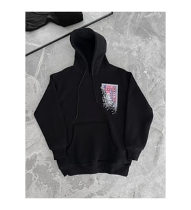 Uzun Kol Kapşonlu Ön Ve Arka Baskılı SweatShirt - Siyah