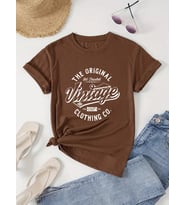 Unisex Vintage Baskılı Oversize Tshirt (Kahverengi)