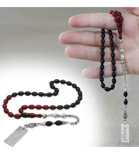 Ateş Kehribar Tesbih - Metal Püsküllü - Süzme Kırmızı Siyah Renk - İsme Özel Yazılı - Arpa Kesim