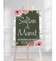 Söz Nişan Düğün İçin 50x70 Karşılama Panosu - Renkli Çiçek ve Yeşil Tasarımlı