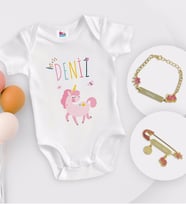 BK Kids Kişiye Özel İsimli Beyaz Bebek Body Zıbın Kız Bebek Künyesi ve İğnesi Hediye Seti-4