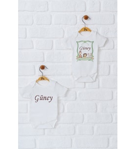 Pia Baby Premium %100 Pamuk İsme Özel Organik Baskılı İkili Set Çıtçıtlı Bebek Body Zıbın Modelleri 5060-17 (Ekru)