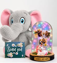 Kişiye Özel 3 Fotoğraflı Renkli LED Işıklı Fanus ve Peluş Fil Hediye Seti (unicorn biblolu)
