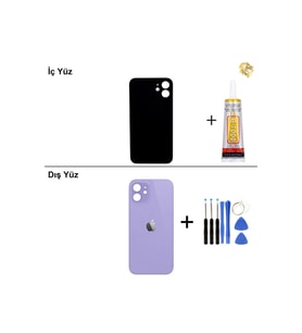 iPhone 12 Mor Arka Kapak Arka Cam Batarya Kapağı Lazer Kesim Kapak Pil Kapağı + B-7000 Yapıştırıcı + Tamir Seti