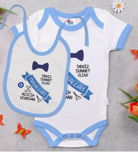 BK Kids Kişiye Özel Sünnet Oldum Tasarımlı Mavi Bebek Body Zıbın ve Mama Önlüğü Hediye Seti-4