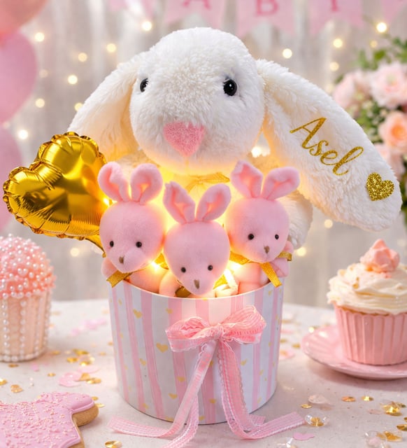 Kişiye Özel İsimli Tavşanlı Led Işıklı Pembe 3'lü Ayıcık Buketi – Baby Shower & Yeni Doğan Kız Bebek Hediyesi Eşe Hediye