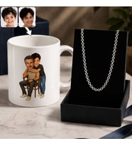 BK Gift Kişiye Özel Baba&Çocuk Karikatürlü Beyaz Kupa & Rolo Zincir Kolye -6, Babalar Günü Hediyesi