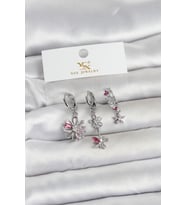 Pirinç Gümüş Renk Çiçek Model 3'lü Kadın Küpe - TJ-BKP11712