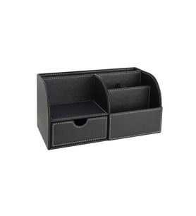 Masa Üstü Düzenleyici,Kalemlik,Kumandalık,Küpbloknotluk,Tabletlik,Kitaplık,6 Gözlü,Çekmeceli,Desktop Organizer,Vegan,24,5*13*12 (Siyah)
