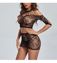 Dantel Desenli İkili File Takım – Crop Top ve Mini Etek - Siyah Gece Elbisesi Bodystocking 9082