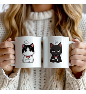 Sevgililere Özel Hediyelik 2'li Kedi Figürlü 330ml Baskılı Beyaz Seramik Kupa Bardak