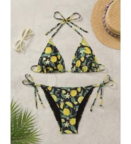 AMOR FACE ÖZEL TASARIM LİMON-LİMON ÇİÇEĞİ BASKILI BEACH CLUB BRAZİLİAN SEXY KADIN BİKİNİ TAKIMI (Siyah)