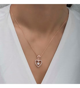Gümüş Rose Kalpli Tek Taş Kadın Kolye