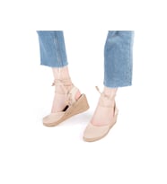 Gerçek Elişi Topuğu Açık Bilekten Bağlamalı Dolgu Topuk Keten Hasır Espadril Handmade (Açık Bej)