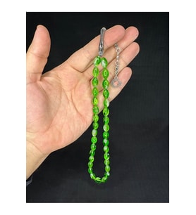 TOZ KEHRİBAR TESBİH YEŞİL GÜMÜŞ RENKLİ BEYZİ KESİM 10MMX6,5MM T-675