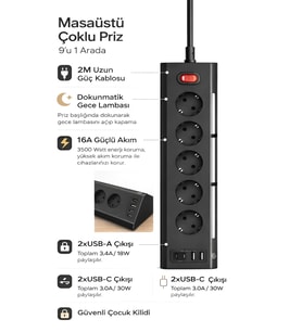 3680W 1050J Akım Korumalı 5li Priz 2 USB 2 Type-C 3.4A Dokunmatik LED Anahtarlı 2m Kablo Çoklu Priz (K.Siyah)