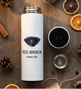 Kişiye Özel Özel Güvenlik Filtreli Dijital Göstergeli Termos  Hediyesi (Beyaz)