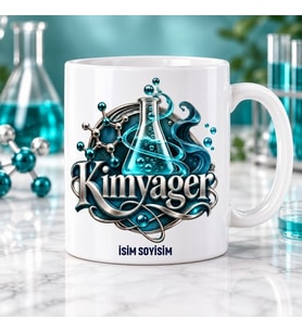 Kimyager Kupa Bardak Turkuaz Laboratuvar Şişesi ve Molekül Desenli