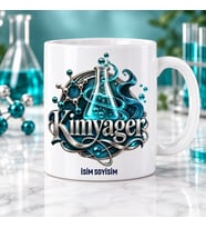 Kimyager Kupa Bardak Turkuaz Laboratuvar Şişesi ve Molekül Desenli