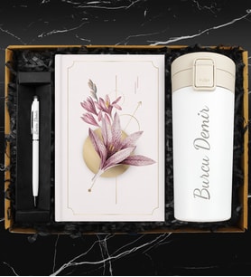400 ML Otomatik Kilitli Beyaz Termos & Özel Tasarım Defter & Kişiye Özel Touch Pen Kalem Hediye Seti