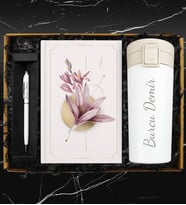 400 ML Otomatik Kilitli Beyaz Termos & Özel Tasarım Defter & Kişiye Özel Touch Pen Kalem Hediye Seti