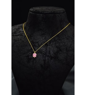 925 Ayar Gümüş Gold Kaplama Pembe Mineli Minimal Yonca Kolye