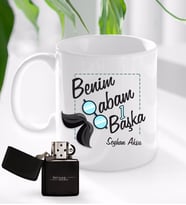 BK Gift Kişiye Özel Babalar Günü Hediyesi Benim Babam 1 Başka Tasarımlı Kupa Bardak ve Benzinli Çakmak Seti-1 (Model 1)