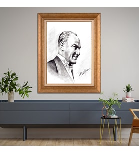 Altın Paspartulu Atatürk  Çerçeveli Tablo C957 (Gold)