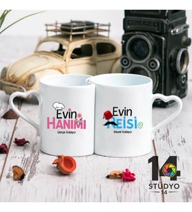 Stüdyo 14 Kişiye Özel Kalp Kulplu Sevgili Kupası Evin Reisi - Evin Hanımı Tasarımlı