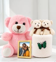 Kişiye Özel Fotoğraflı Pembe Peluş Ayıcık ve Peluş Saksıda Ayıcık Buketi Arkadaşa Kadına Sevgiliye Hediye Seti
