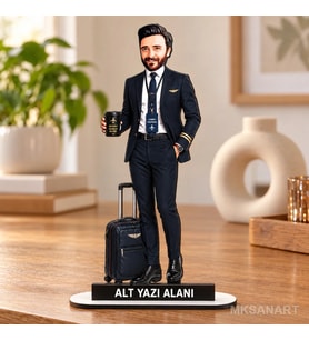 Kişiye Özel Erkek Kabin Memuru Karikatürlü 18 cm MDF Masaüstü Biblo - Meslek Sahibine Özel Hediye İş Arkadaşına ve Meslek Sahibine Hediye