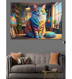 Gökkuşağı Renkli Modern Sanat Kedi Dekoratif Kanvas - Mdf Ahşap Tablo