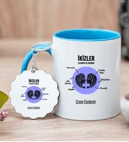 Kişiye Özel İkizler Burcuna Hediye Mavi Kupa Bardak ve Anahtarlık