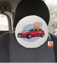 BK Gift Kişiye Özel Plakalı Kadın Mazda 3 Karikatürlü Yuvarlak Araç Koltuk Yastığı-1