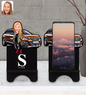 BK Gift Kişiye Özel Plakalı Kadın Peugeot 3008 Karikatürlü Ahşap Biblo Telefon Standı-2