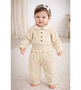 Müslin Kız Bebek Gipe Detaylı Bluz ve Fırfırlı Pantolon İkili Set Babyhola 2012 (Bej)